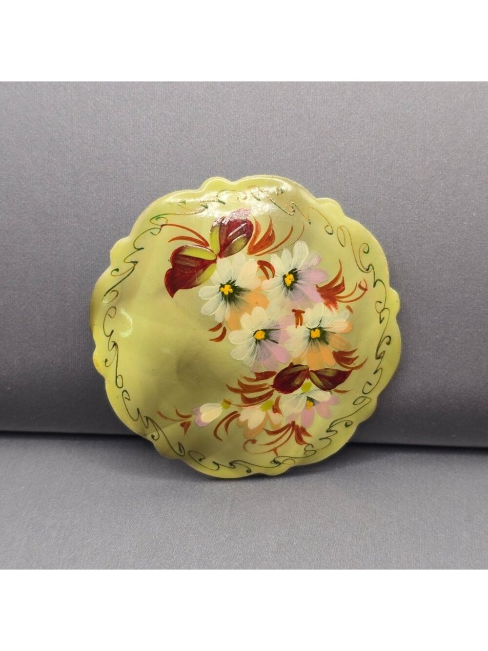 Vintage Russian Hand Painted Floral Wooden Lacquer Brooch Scalloped Signed 2"